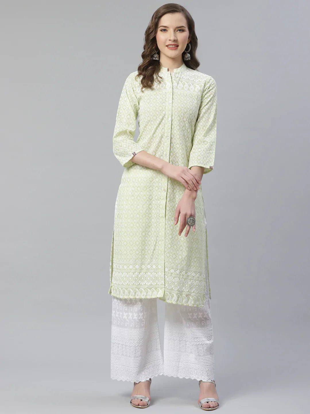 Jompers Women's Lime Green & White Chikankari Embroidered Kurta with Palazzos