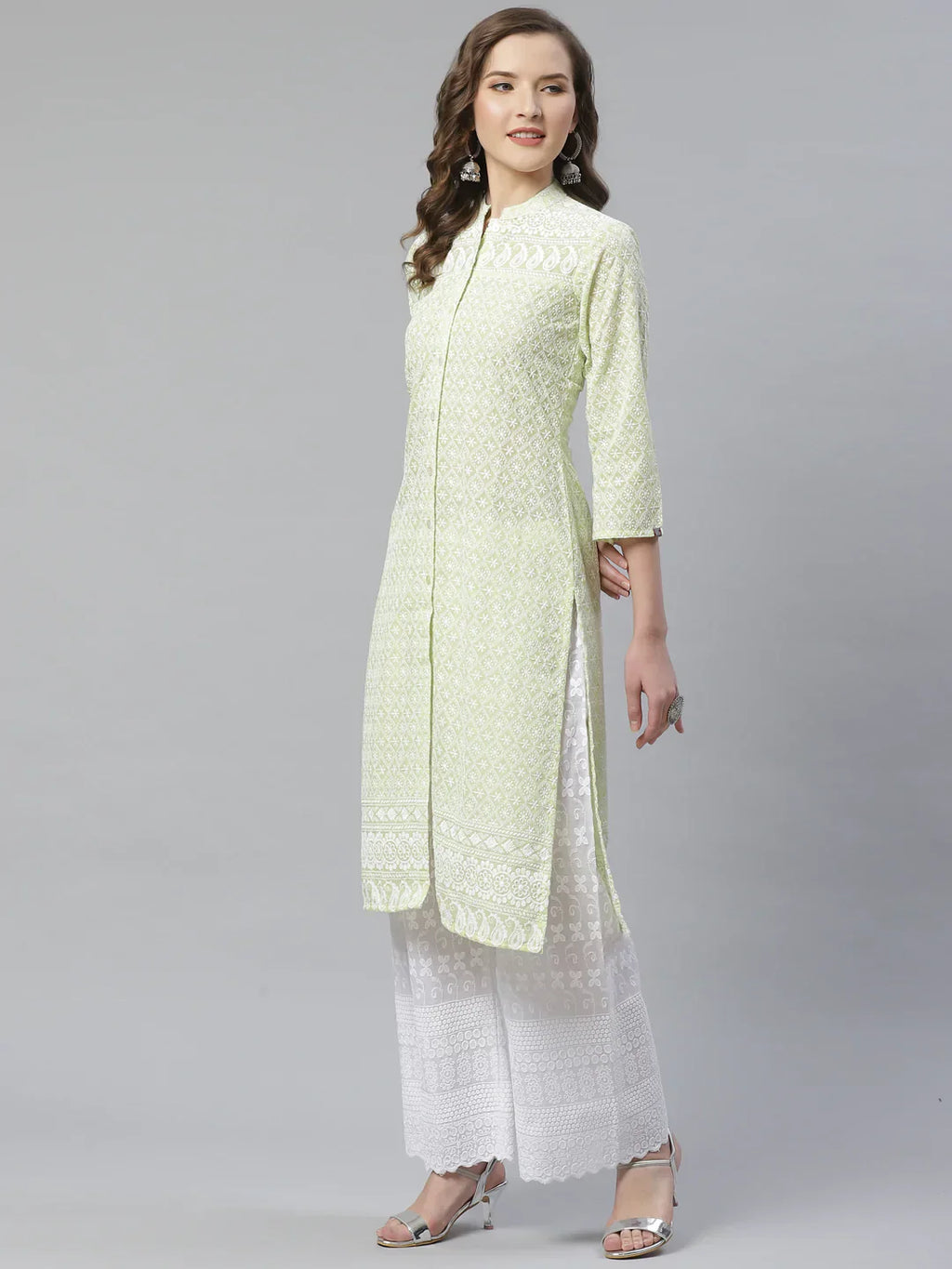 Jompers Women's Lime Green & White Chikankari Embroidered Kurta with Palazzos