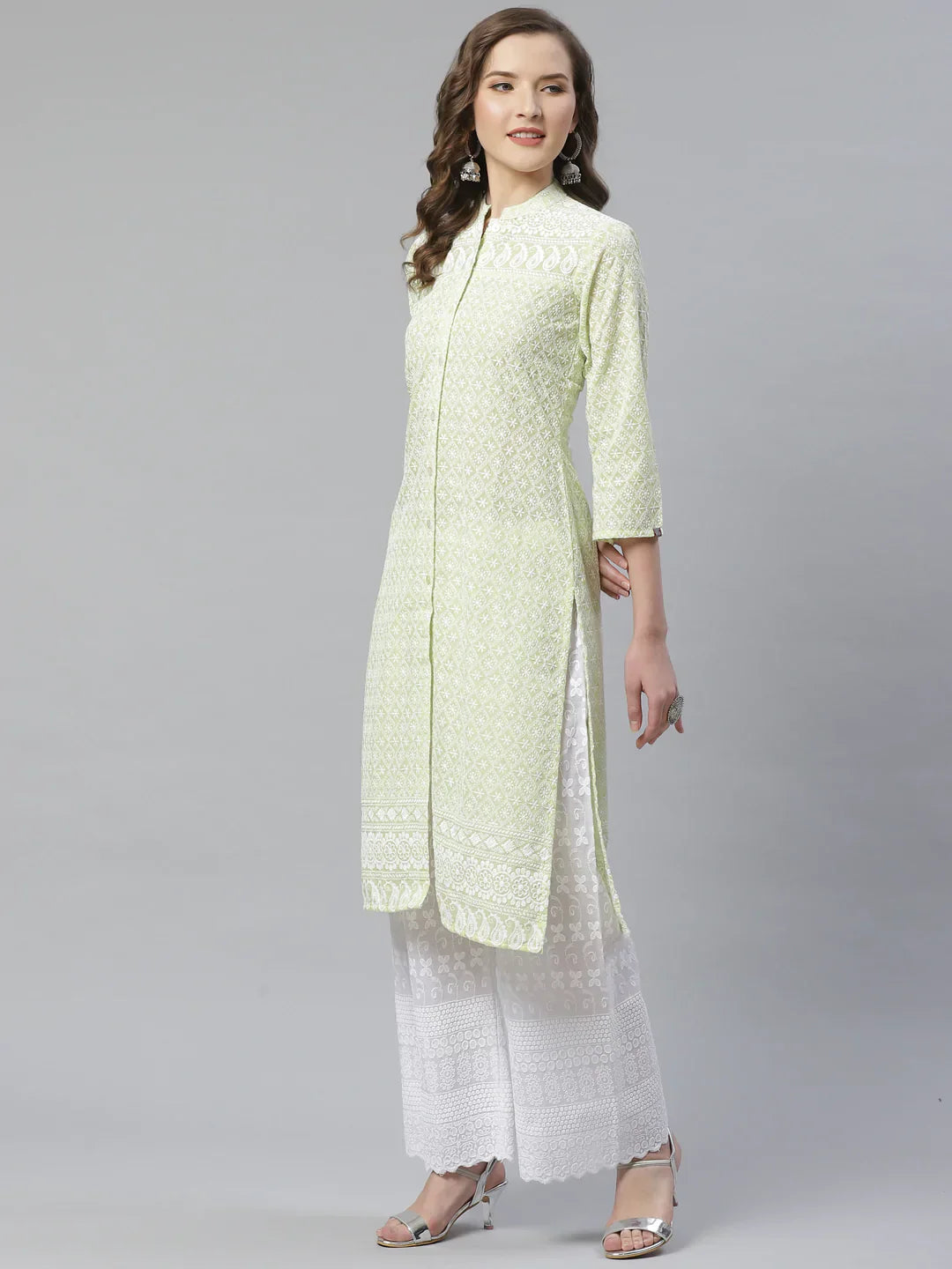 Jompers Women's Lime Green & White Chikankari Embroidered Kurta with Palazzos