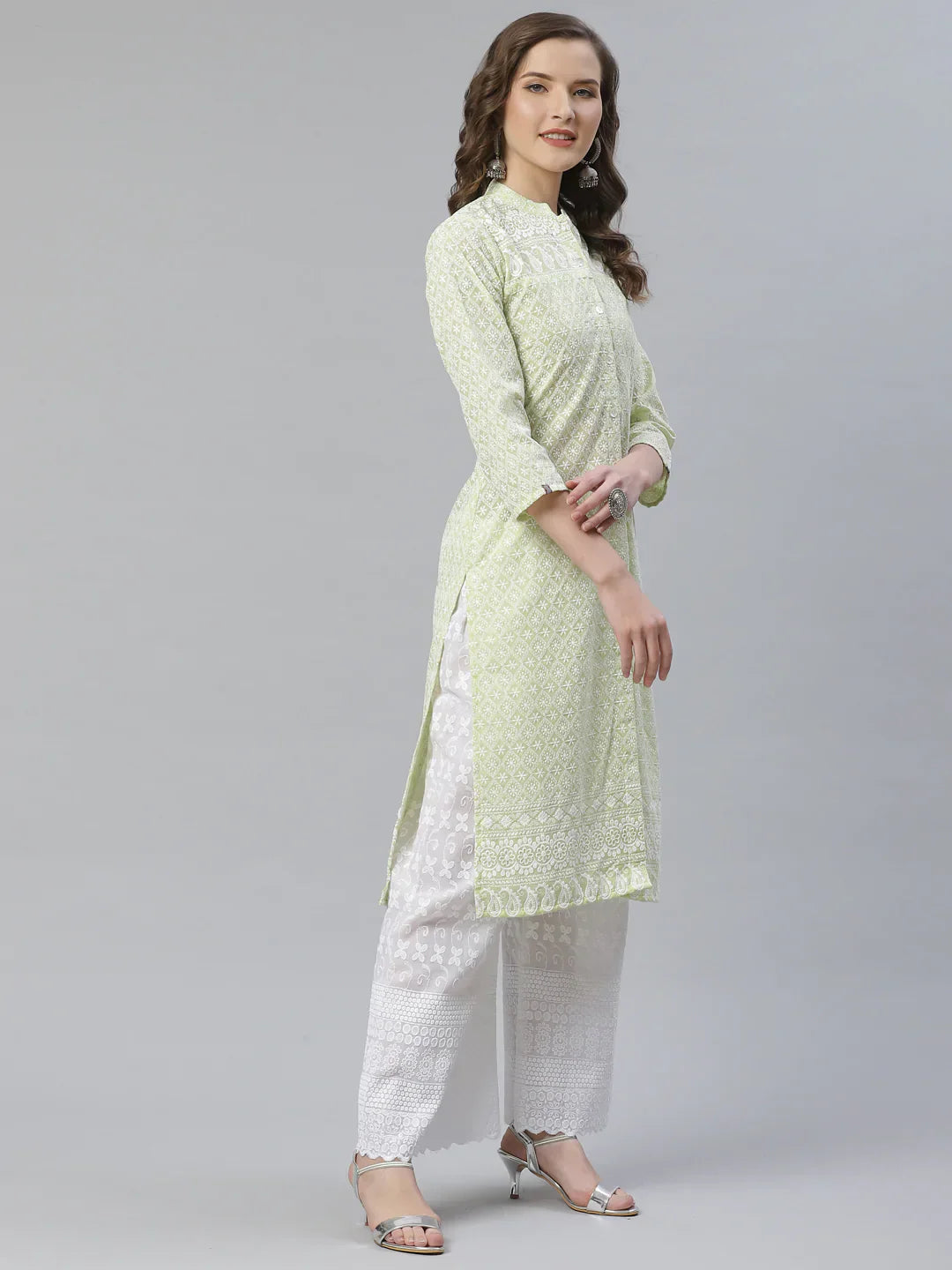 Jompers Women's Lime Green & White Chikankari Embroidered Kurta with Palazzos