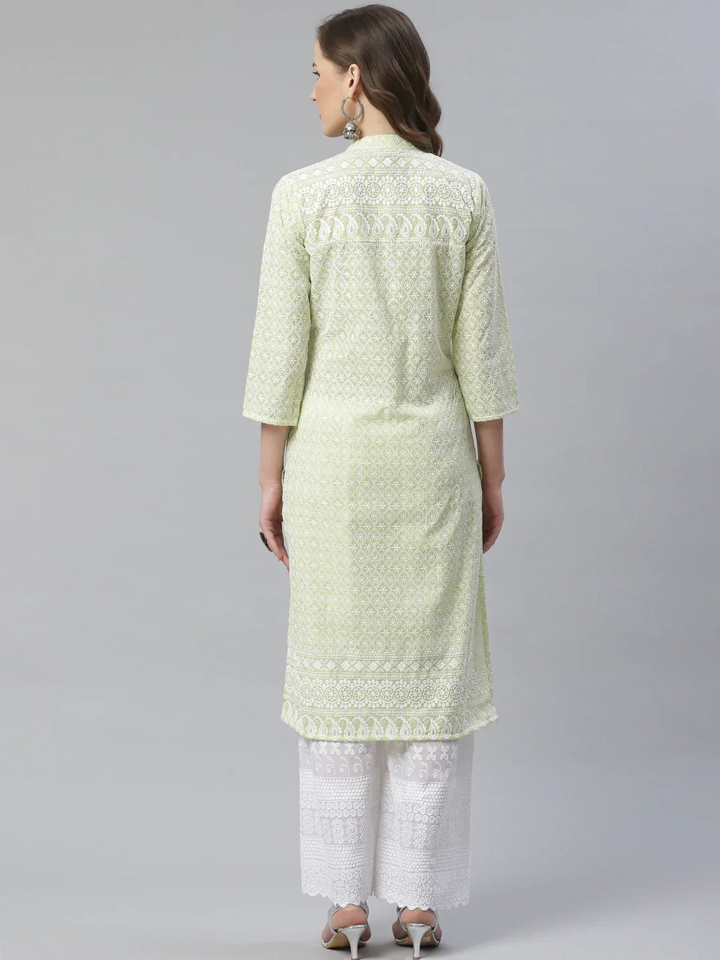 Jompers Women's Lime Green & White Chikankari Embroidered Kurta with Palazzos