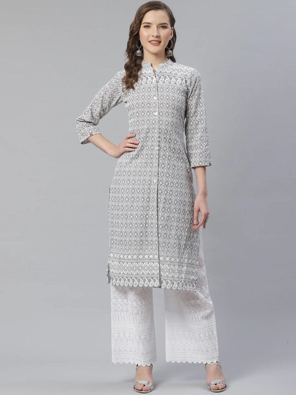 Jompers Women's Grey & White Chikankari Embroidered Kurta with Palazzos