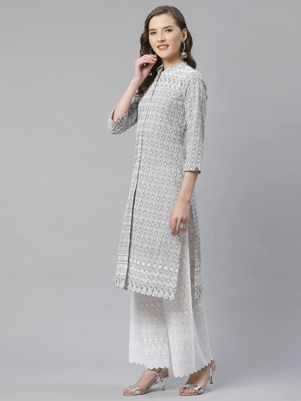 Jompers Women's Grey & White Chikankari Embroidered Kurta with Palazzos