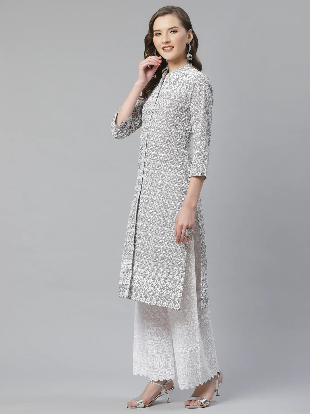 Jompers Women's Grey & White Chikankari Embroidered Kurta with Palazzos