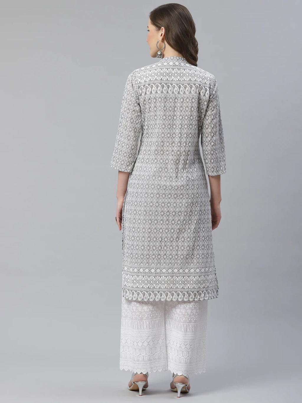 Jompers Women's Grey & White Chikankari Embroidered Kurta with Palazzos