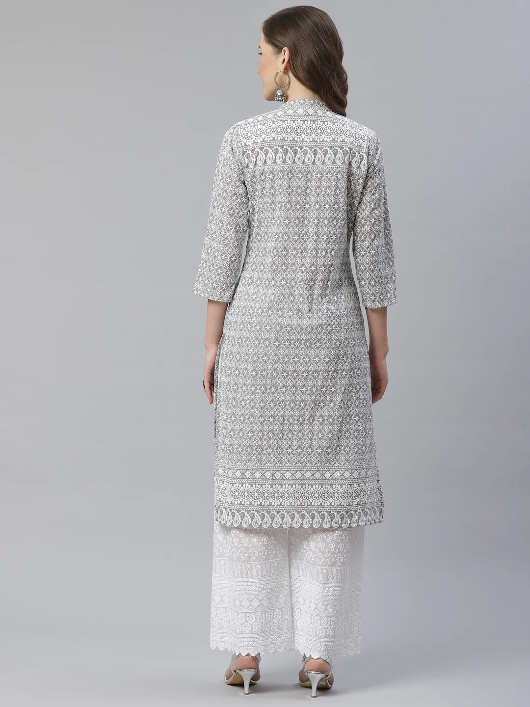 Jompers Women's Grey & White Chikankari Embroidered Kurta with Palazzos