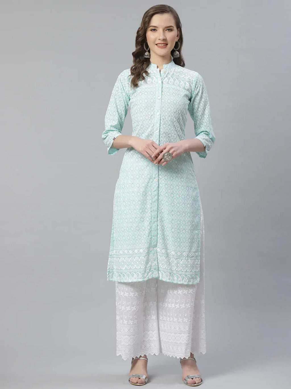 Jompers Women's Sky Blue & White Chikankari Embroidered Kurta with Palazzos