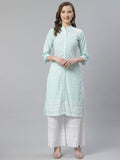 Jompers Women's Sky Blue & White Chikankari Embroidered Kurta with Palazzos