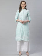 Jompers Women's Sky Blue & White Chikankari Embroidered Kurta with Palazzos