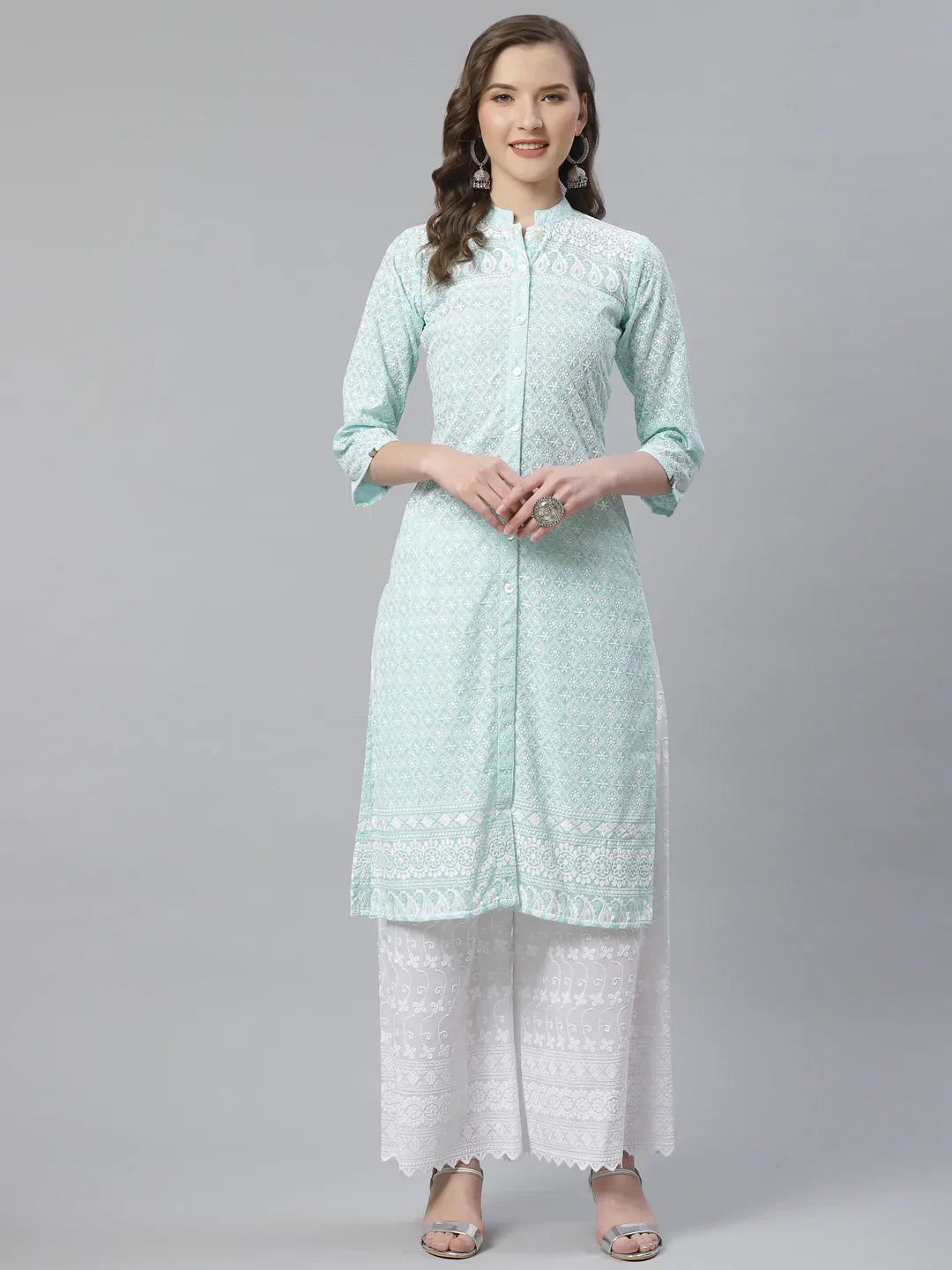 Jompers Women's Sky Blue & White Chikankari Embroidered Kurta with Palazzos