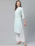 Jompers Women's Sky Blue & White Chikankari Embroidered Kurta with Palazzos