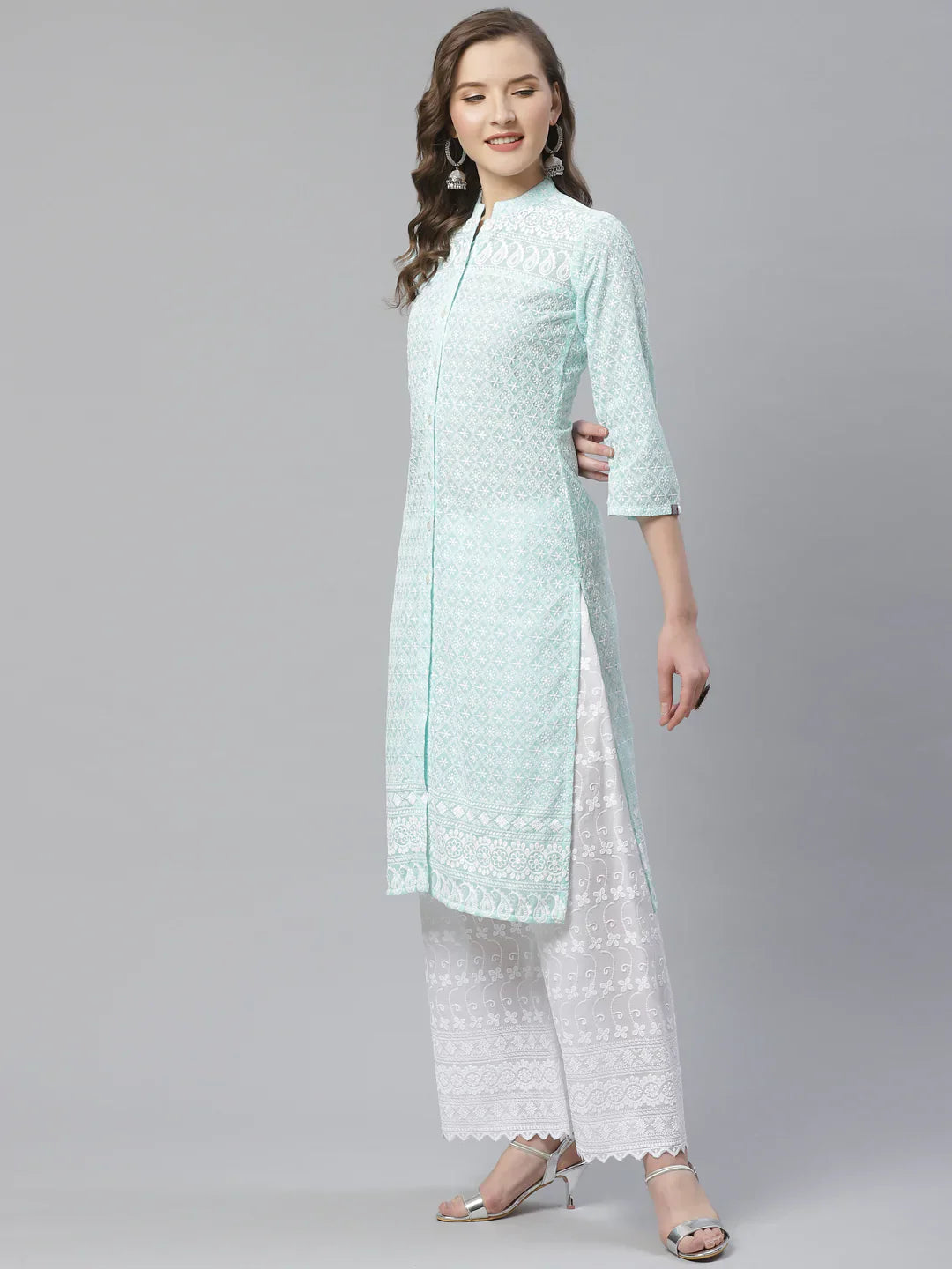 Jompers Women's Sky Blue & White Chikankari Embroidered Kurta with Palazzos