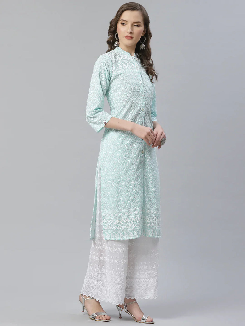 Jompers Women's Sky Blue & White Chikankari Embroidered Kurta with Palazzos