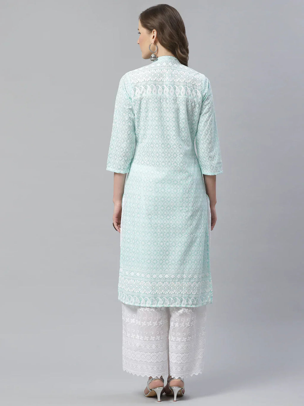 Jompers Women's Sky Blue & White Chikankari Embroidered Kurta with Palazzos