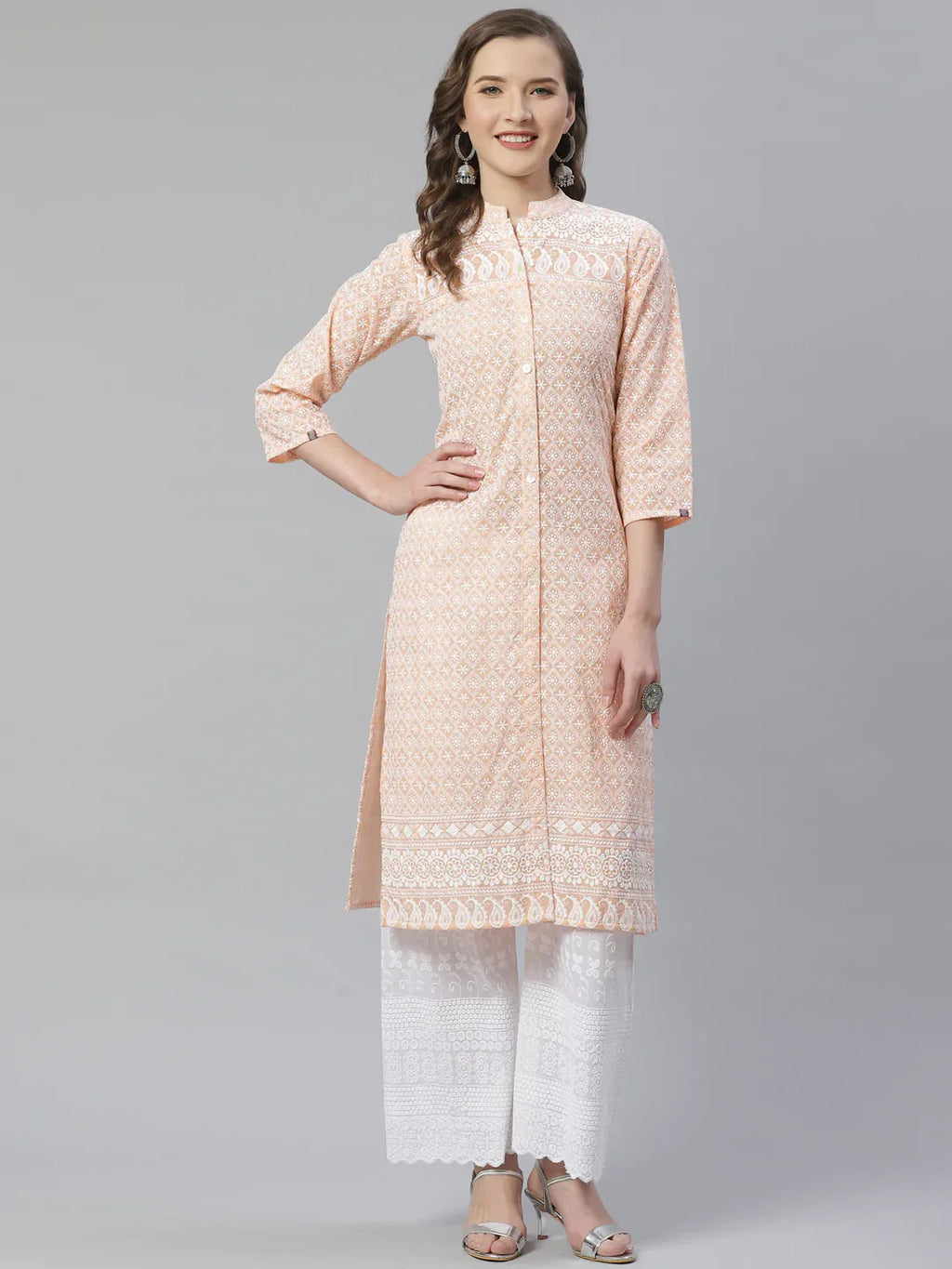 Jompers Women's Peach & White Chikankari Embroidered Kurta with Palazzos