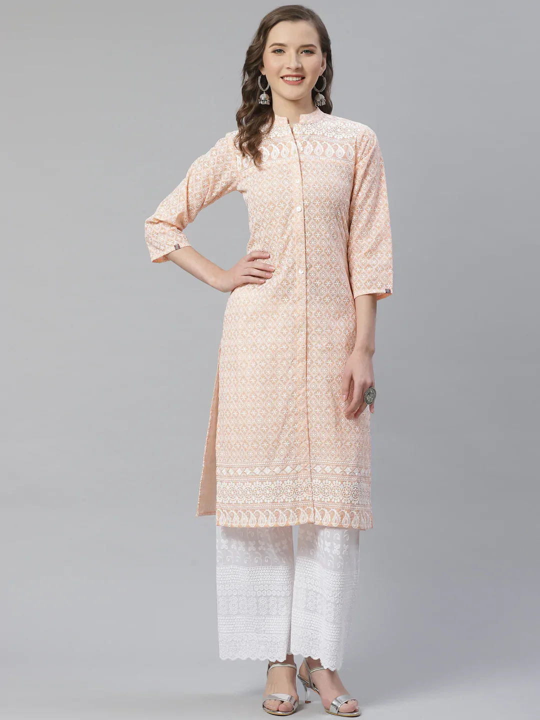 Jompers Women's Peach & White Chikankari Embroidered Kurta with Palazzos