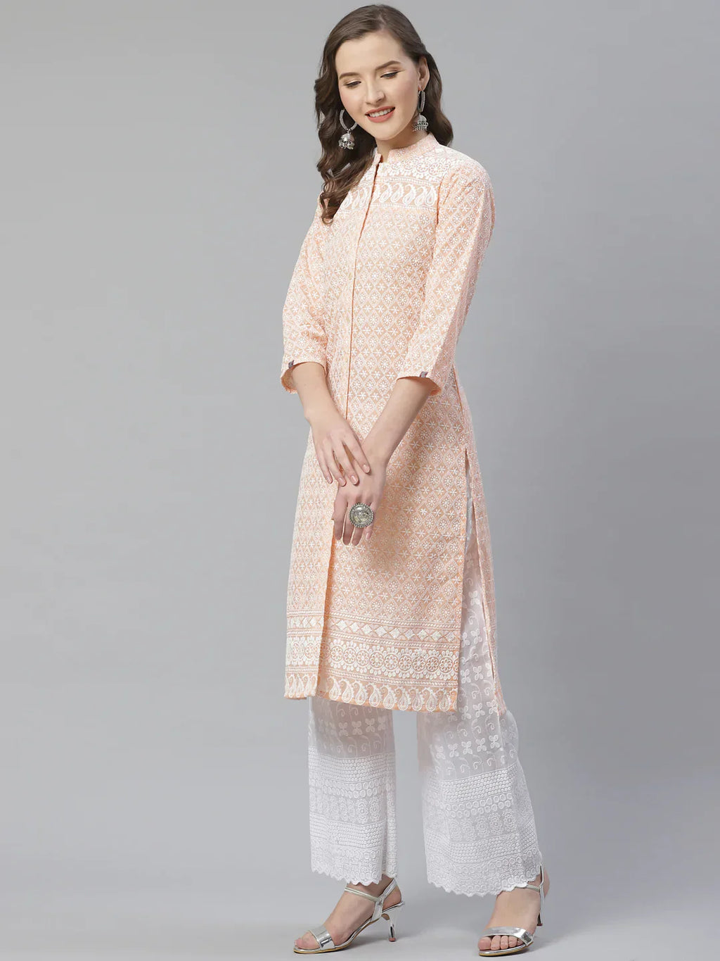 Jompers Women's Peach & White Chikankari Embroidered Kurta with Palazzos