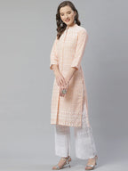 Jompers Women's Peach & White Chikankari Embroidered Kurta with Palazzos