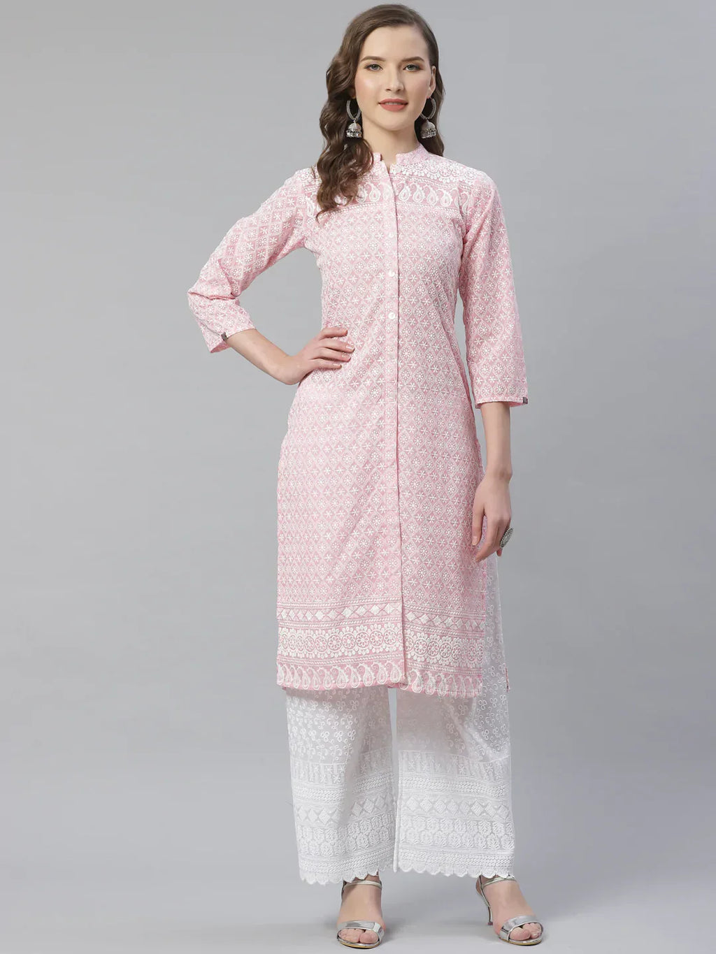 Jompers Women's Pink & White Chikankari Embroidered Kurta with Palazzos