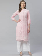 Jompers Women's Pink & White Chikankari Embroidered Kurta with Palazzos