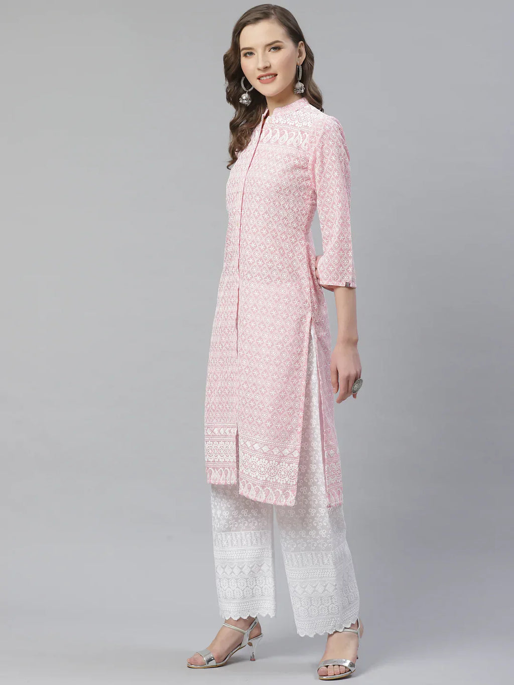 Jompers Women's Pink & White Chikankari Embroidered Kurta with Palazzos