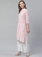 Jompers Women's Pink & White Chikankari Embroidered Kurta with Palazzos