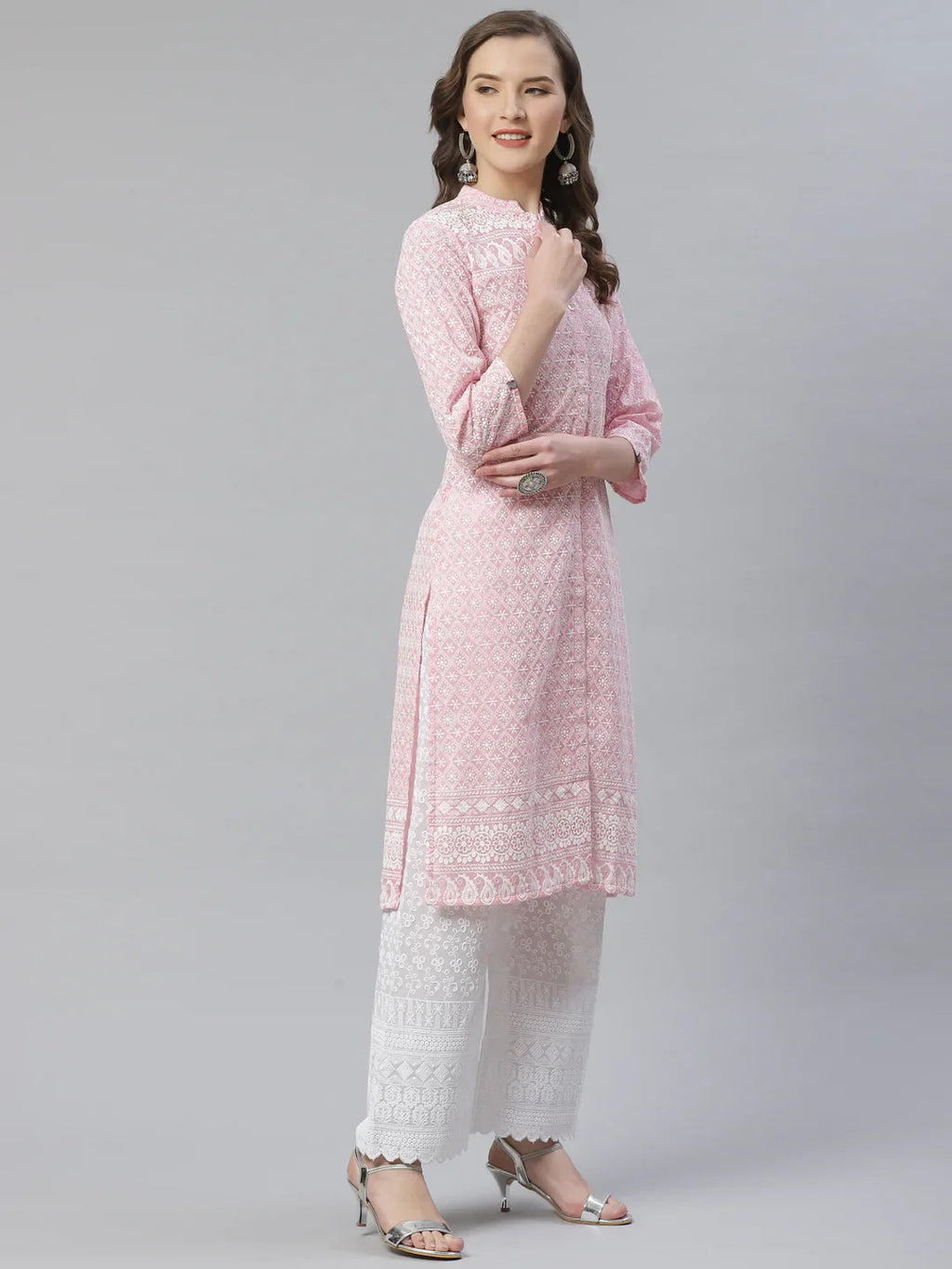 Jompers Women's Pink & White Chikankari Embroidered Kurta with Palazzos
