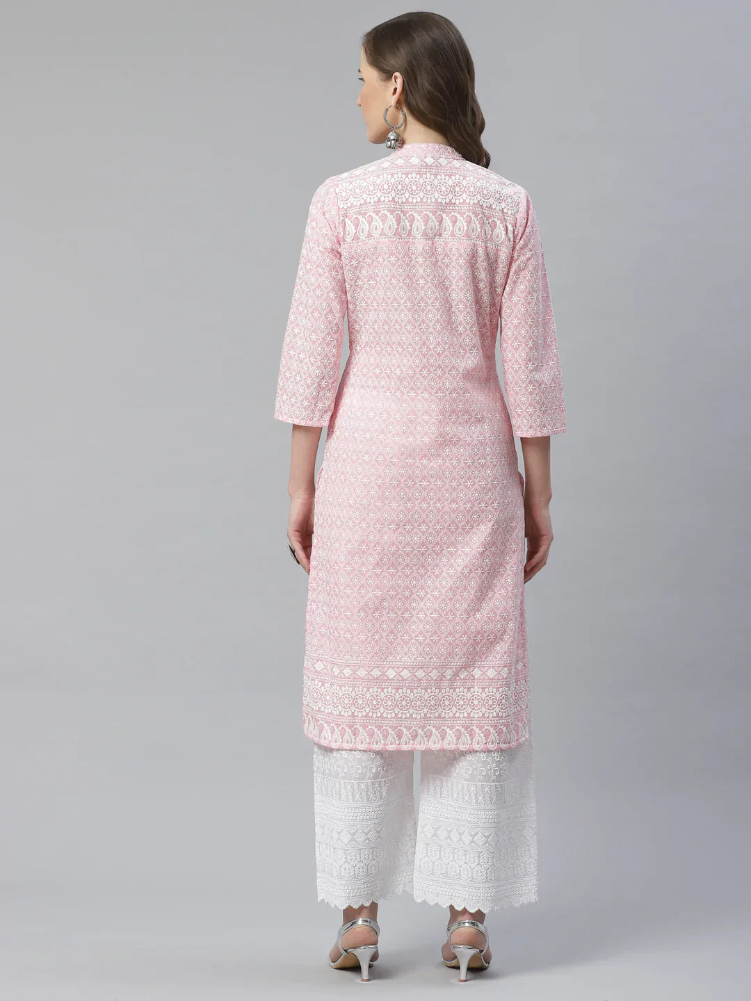 Jompers Women's Pink & White Chikankari Embroidered Kurta with Palazzos
