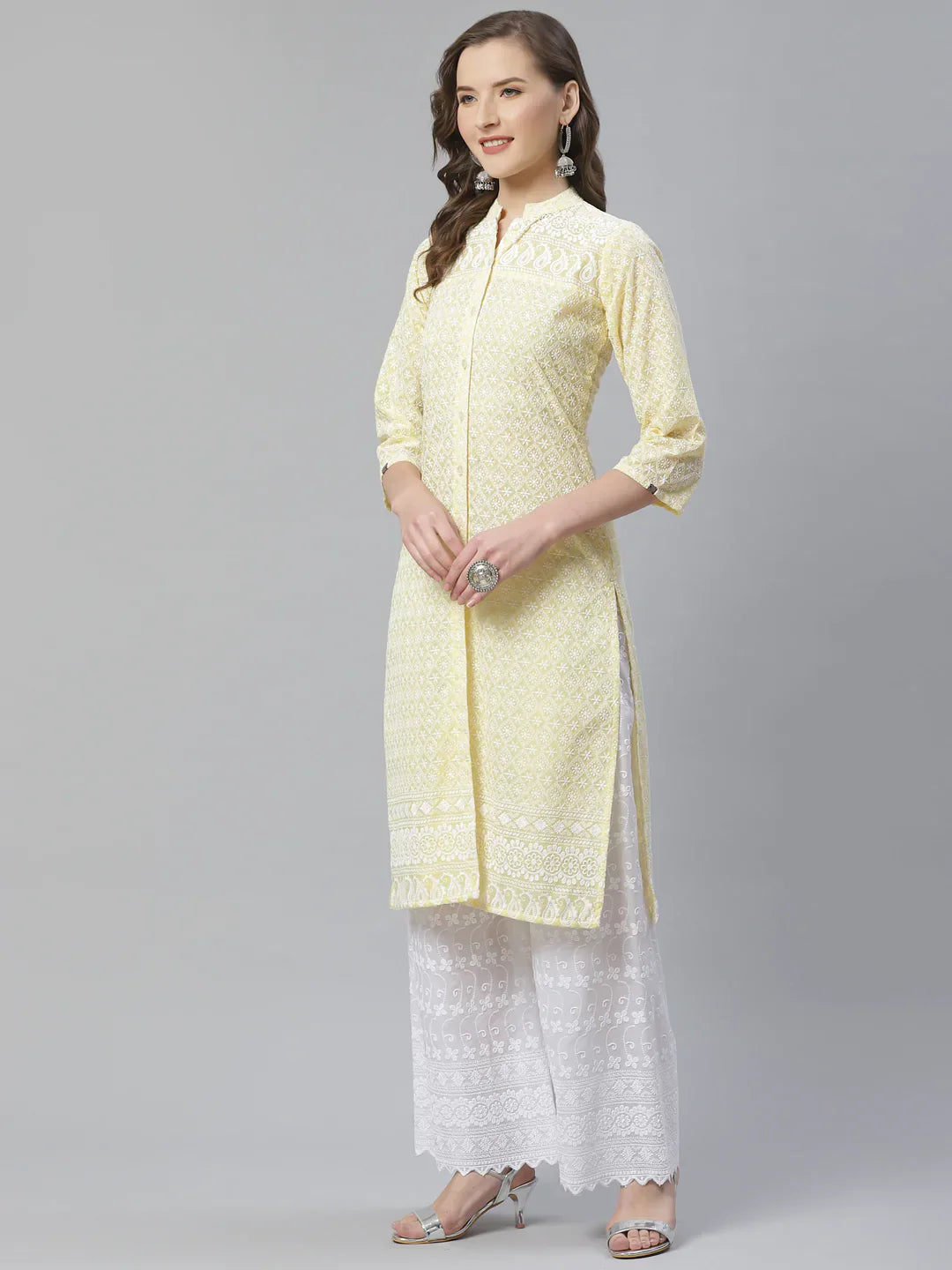 Jompers Women's Yellow & White Chikankari Embroidered Kurta with Palazzos