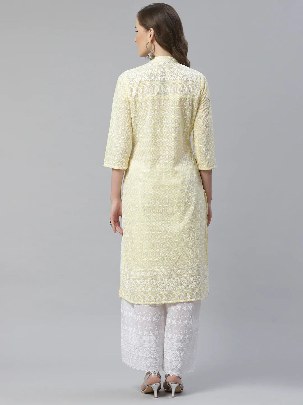 Jompers Women's Yellow & White Chikankari Embroidered Kurta with Palazzos