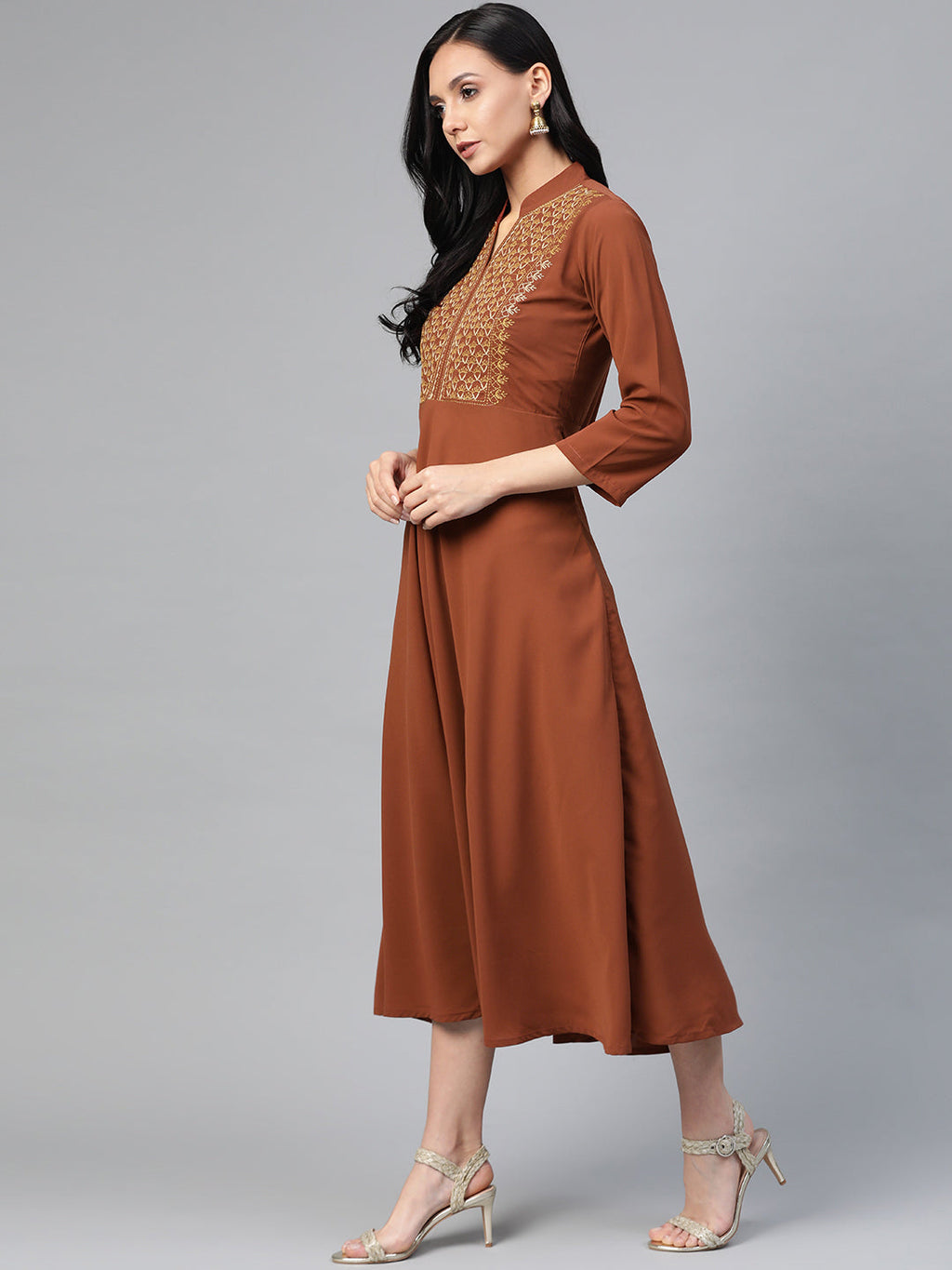 Jompers Women Brown Embroidered Yoke Design A-Line Kurta - Distacart