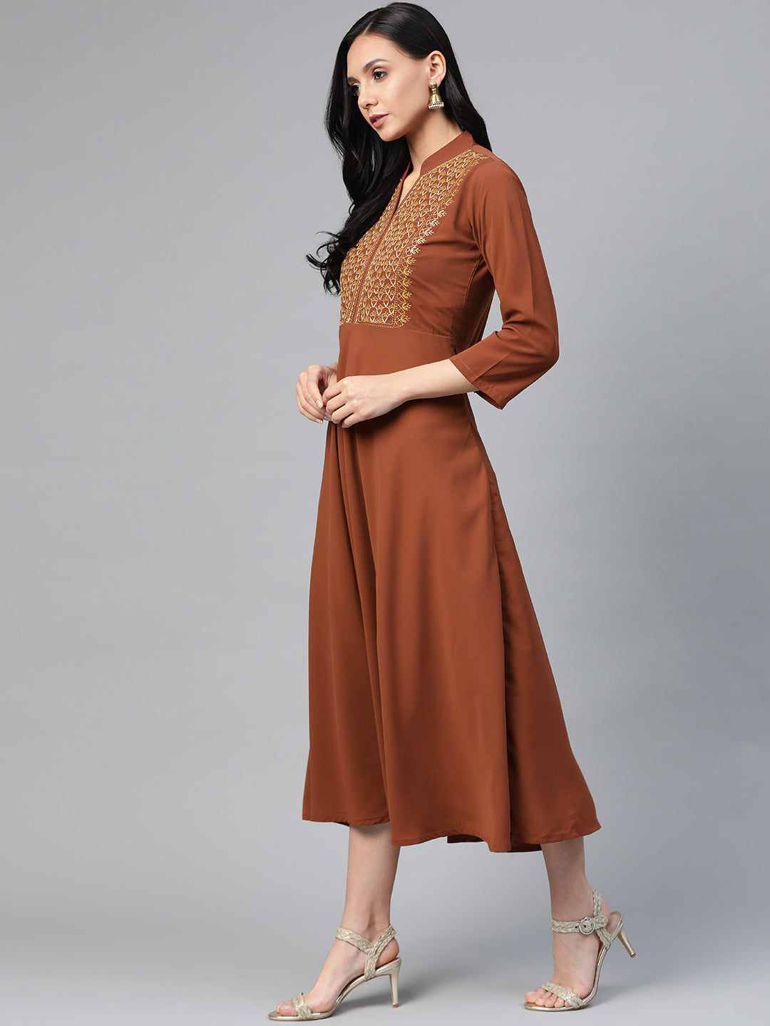 Jompers Women Brown Embroidered Yoke Design A-Line Kurta - Distacart
