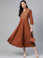 Jompers Women Brown Embroidered Yoke Design A-Line Kurta - Distacart