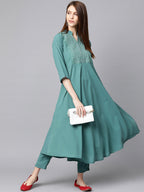 Jompers Women Green Embroidered Yoke Design A-Line Kurta - Distacart