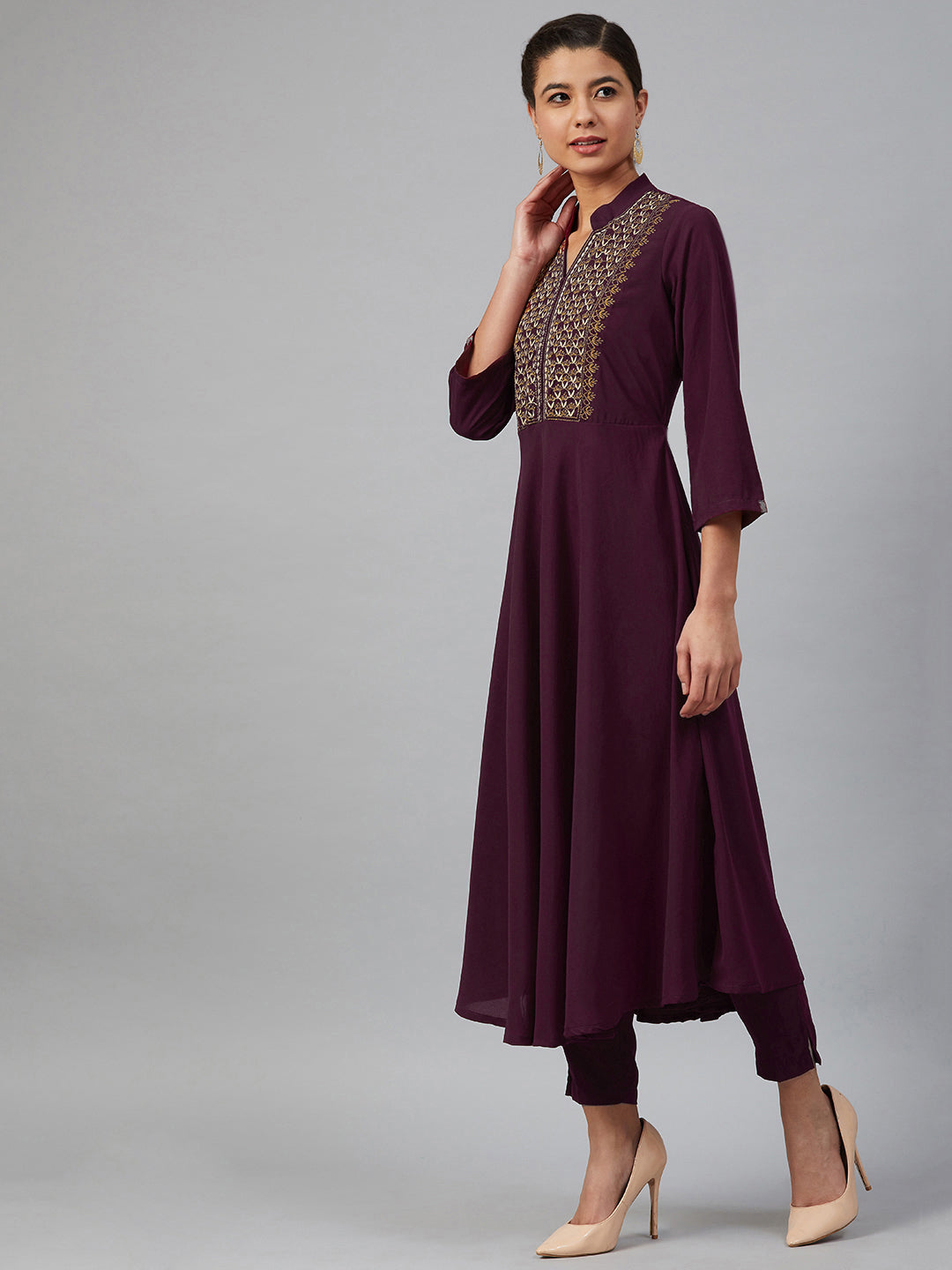 Jompers Women Purple Embroidered Yoke Design A-Line Kurta - Distacart