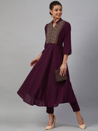 Jompers Women Purple Embroidered Yoke Design A-Line Kurta - Distacart