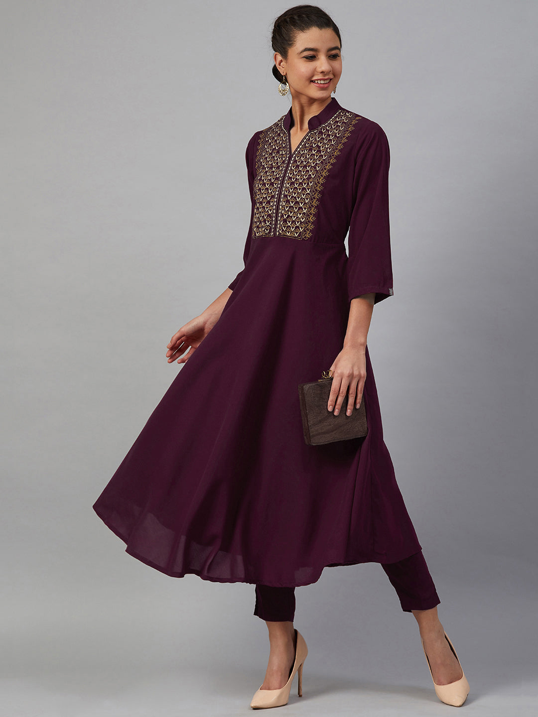 Jompers Women Purple Embroidered Yoke Design A-Line Kurta - Distacart