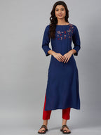 Jompers Women Blue & Pink Yoke Embroidered Straight Kurta - Distacart