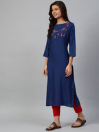 Jompers Women Blue & Pink Yoke Embroidered Straight Kurta - Distacart