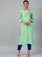 Jompers Women Green & Pink Yoke Embroidered Straight Kurta - Distacart