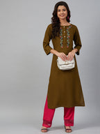 Jompers Women Olive Brown & Pink Yoke Embroidered Straight Kurta - Distacart