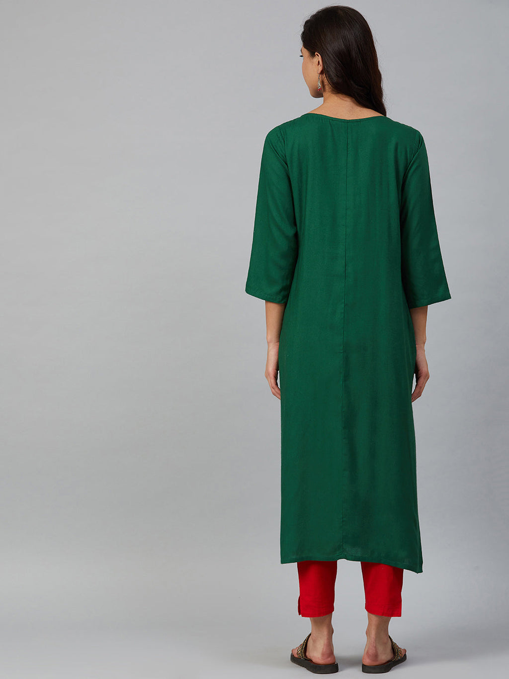 Jompers Women Green & Peach-Coloured Yoke Embroidered Straight Kurta - Distacart