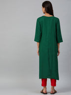 Jompers Women Green & Peach-Coloured Yoke Embroidered Straight Kurta - Distacart