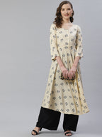 Jompers Women Off-White & Black Floral Printed A-Line Kurta ( ream ) - Distacart