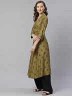 Jompers Women Olive & Black Floral Printed A-Line Kurta - Distacart