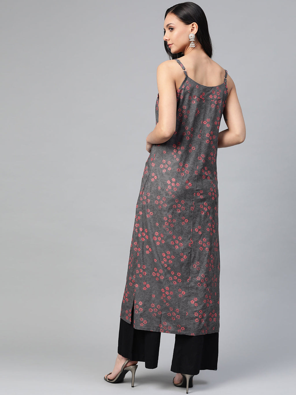Jompers Women Charcoal Grey & Pink Printed Straight Kurta - Distacart