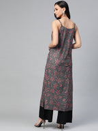 Jompers Women Charcoal Grey & Pink Printed Straight Kurta - Distacart