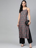 Jompers Women Charcoal Grey & Pink Printed Straight Kurta - Distacart
