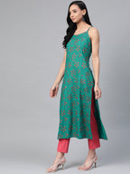 Jompers Women Rama Green & Pink Printed Straight Kurta - Distacart