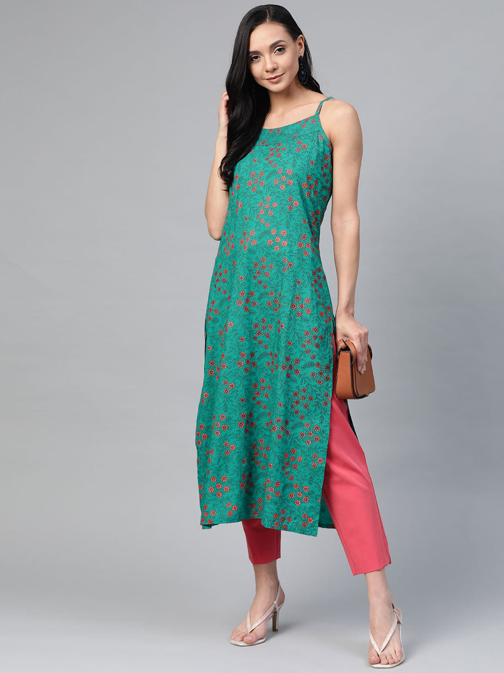 Jompers Women Rama Green & Pink Printed Straight Kurta - Distacart